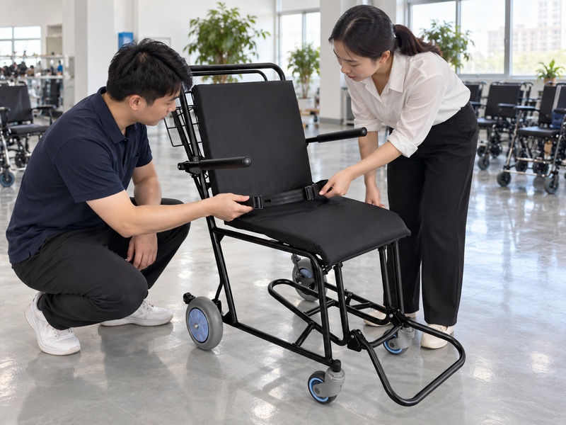 Illustrative East Asian team visually reviewing the lap belt on a complete black airport attendant service chair in China