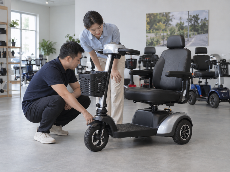 Illustrative East Asian product team reviewing the foot platform on a complete mobility scooter in a mainland China showroom