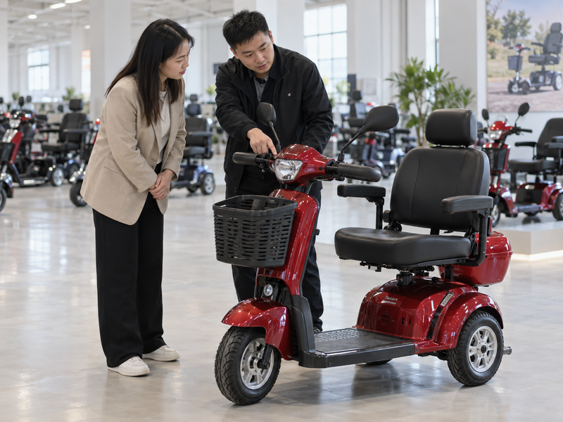 Illustrative East Asian product team reviewing the key switch on a complete mobility scooter in a mainland China showroom