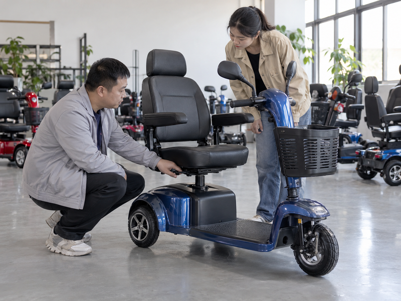Illustrative East Asian product team reviewing the seat swivel on a complete mobility scooter in a mainland China showroom