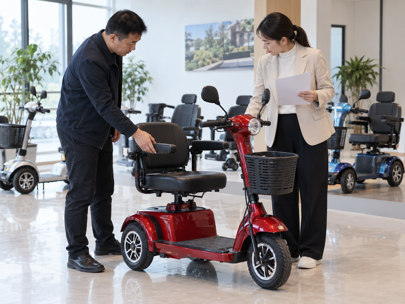 Illustrative East Asian product team reviewing the armrests on a complete mobility scooter in a mainland China showroom
