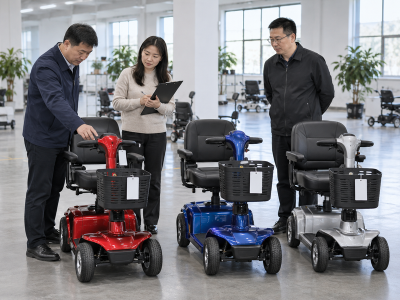 Illustrative East Asian product team reviewing the batch record on a complete mobility scooter in a mainland China showroom