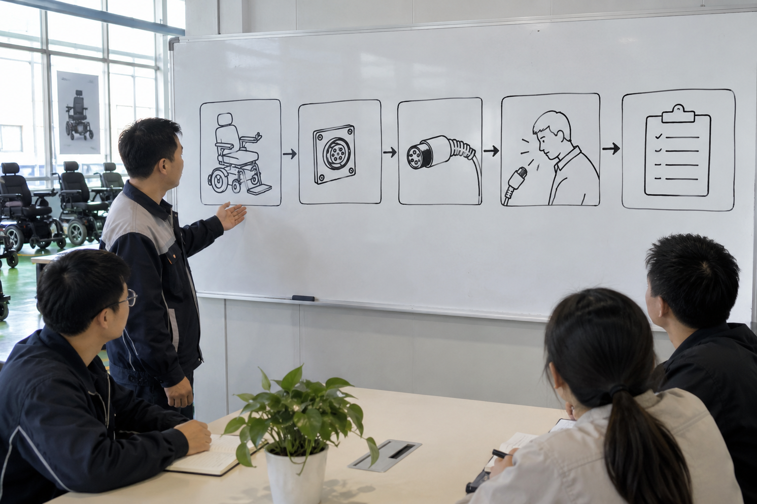 Photoreal electric wheelchair charging port review chart showing product identity, component, sample, service check and blank record