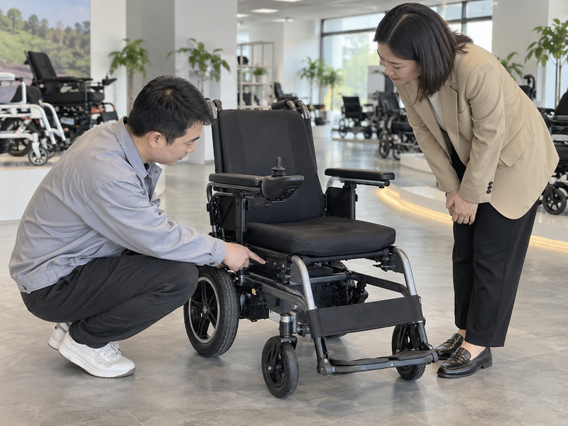 Illustrative East Asian product team reviewing the charging port on a complete electric wheelchair in a mainland China showroom