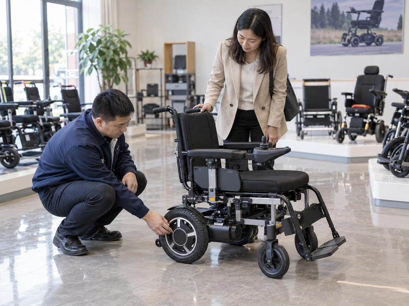 Illustrative East Asian product team reviewing the rear hub on a complete electric wheelchair in a mainland China showroom