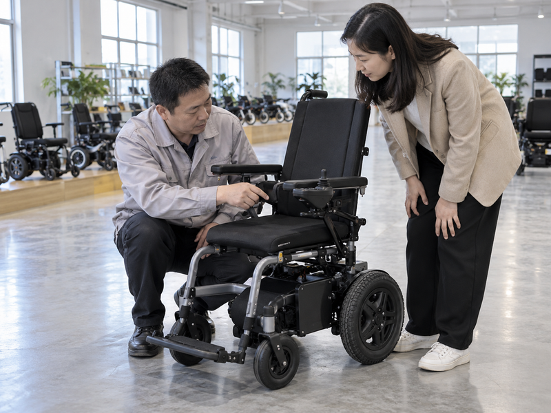 Illustrative East Asian product team reviewing the armrest release on a complete power chair in a mainland China showroom