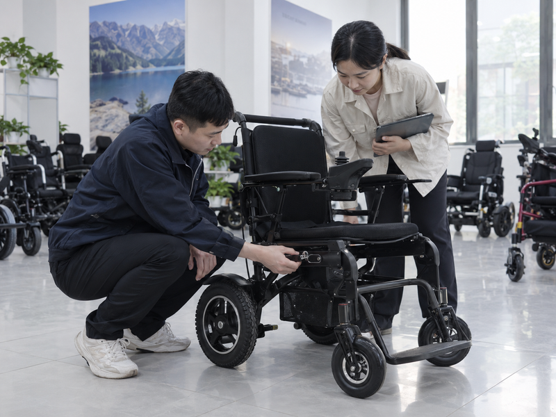Illustrative East Asian product team reviewing the folding latch on a complete power chair in a mainland China showroom