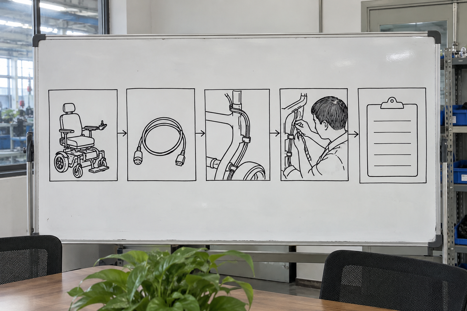 Photoreal electric wheelchair cable route review chart showing product identity, component, sample, service check and blank record
