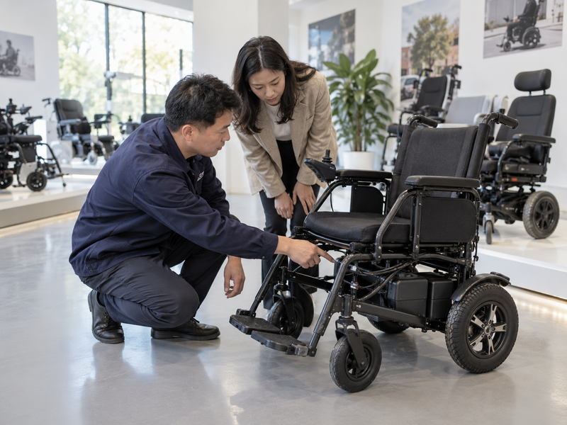 Illustrative East Asian product team reviewing the cable route on a complete electric wheelchair in a mainland China showroom