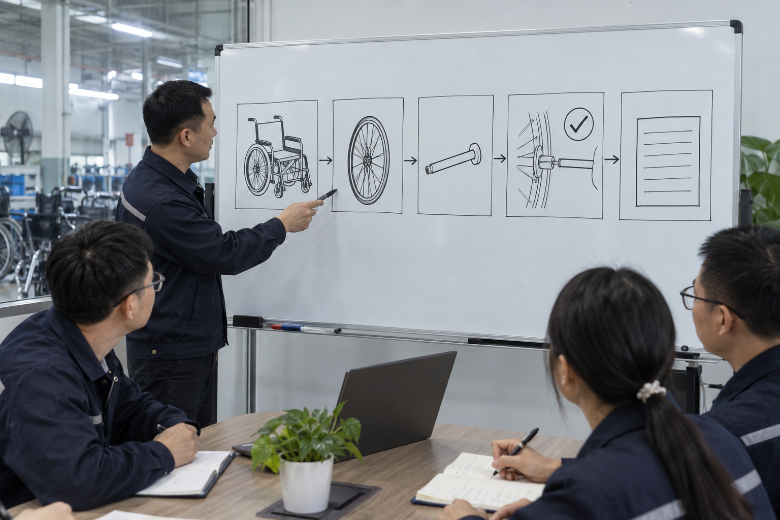 Photoreal manual wheelchair rear axle review chart showing product identity, component, sample, service check and blank record