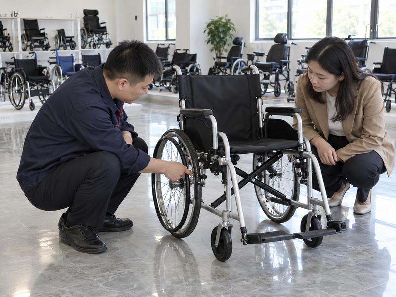 Illustrative East Asian product team reviewing the rear axle on a complete manual wheelchair in a mainland China showroom