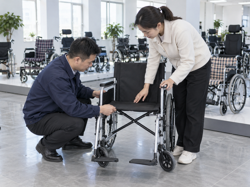 Illustrative East Asian product team reviewing the seat sling on a complete manual wheelchair in a mainland China showroom