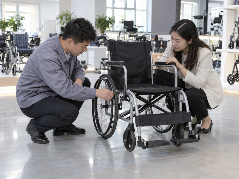Illustrative East Asian product team reviewing the push rim on a complete manual wheelchair in a mainland China showroom