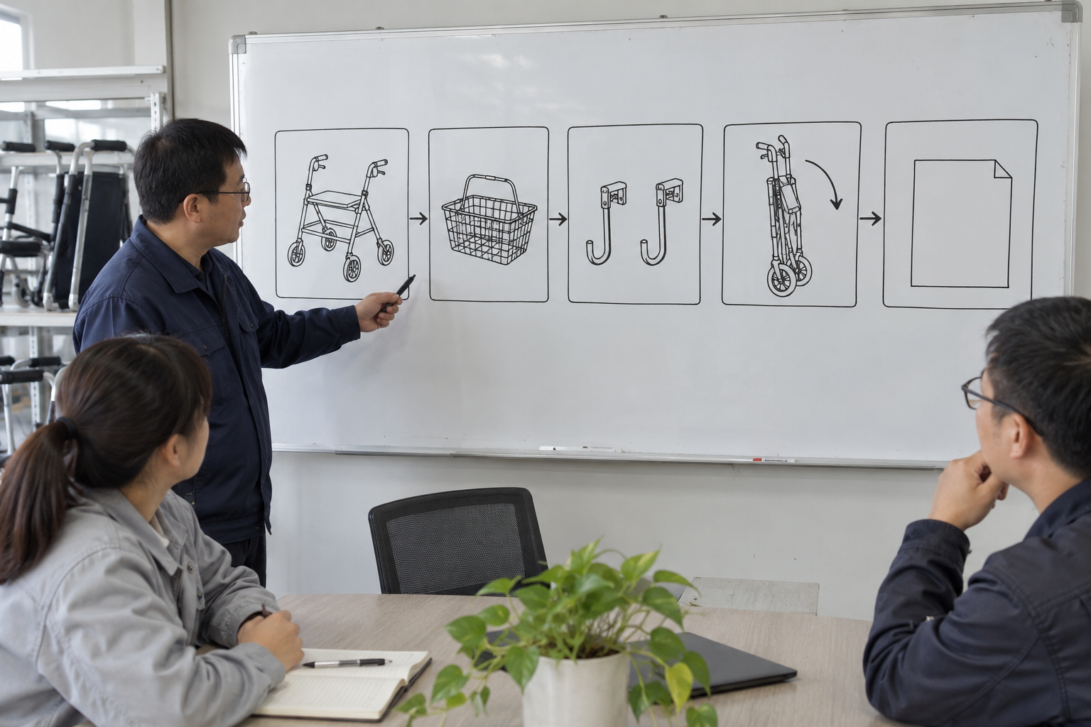 Photoreal rollator basket mount review chart showing product identity, component, sample, service check and blank record