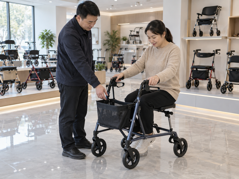 Illustrative East Asian product team reviewing the basket mount on a complete rollator in a mainland China showroom