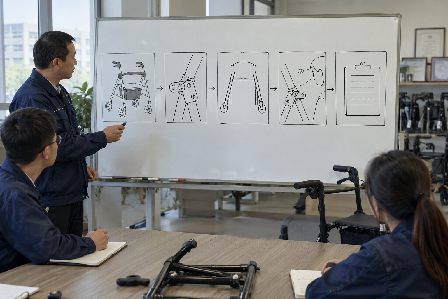 Photoreal rollator folding joint review chart showing product identity, component, sample, service check and blank record