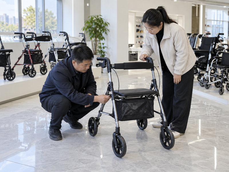 Illustrative East Asian product team reviewing the folding joint on a complete rollator in a mainland China showroom