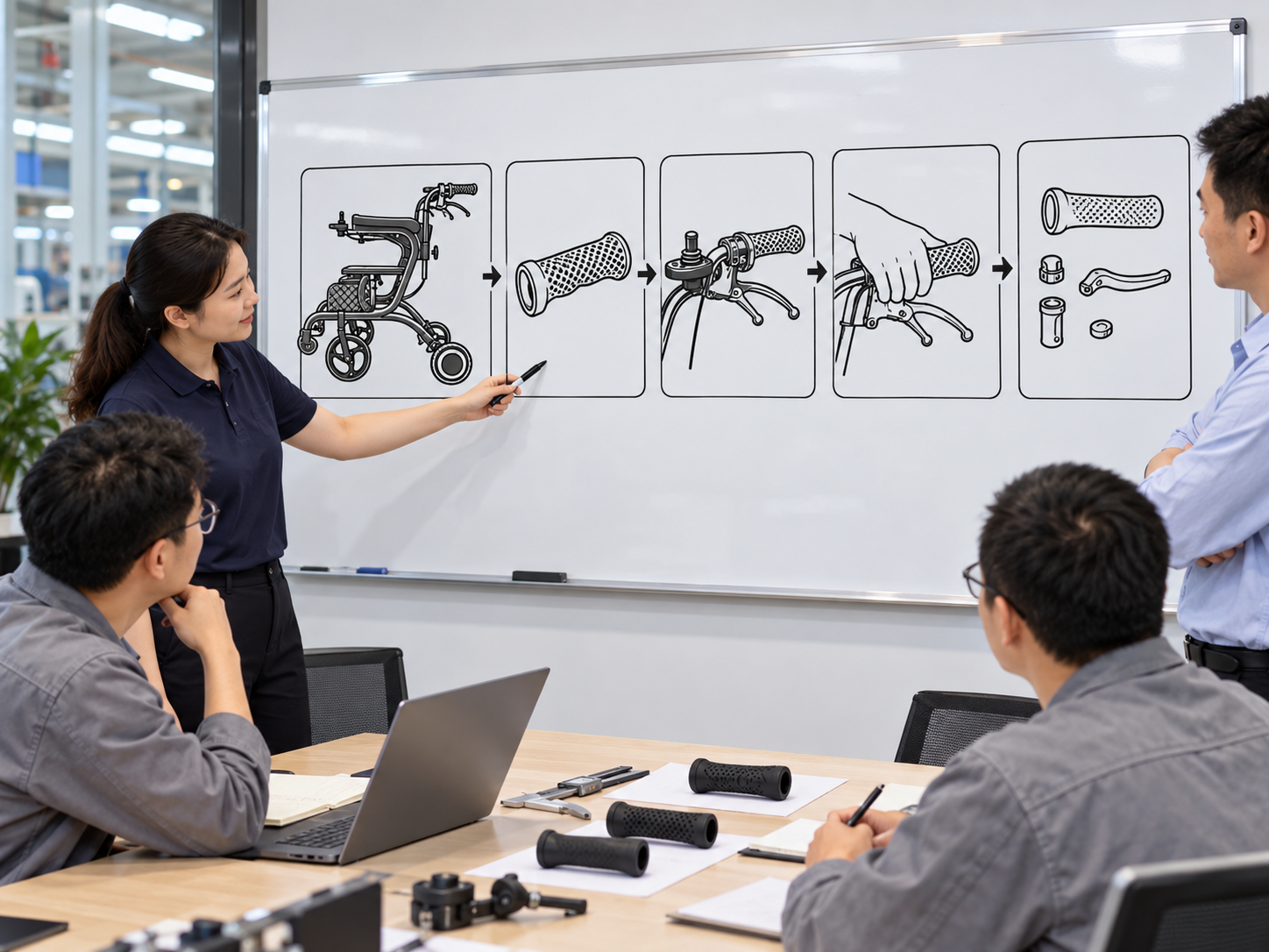 Photoreal electric walker handle grip review chart showing product identity, component, sample, service check and blank record