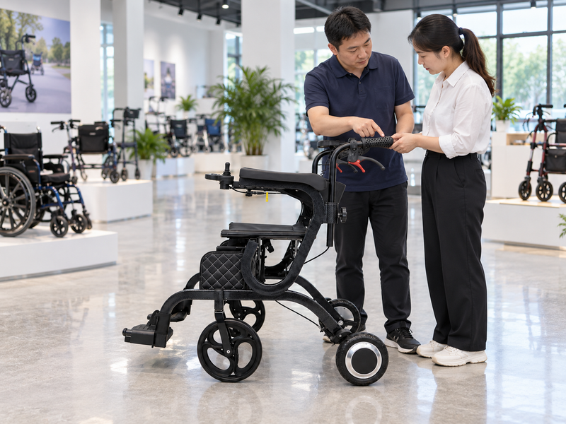 Illustrative East Asian product team reviewing the handle grip on a complete electric walker in a mainland China showroom