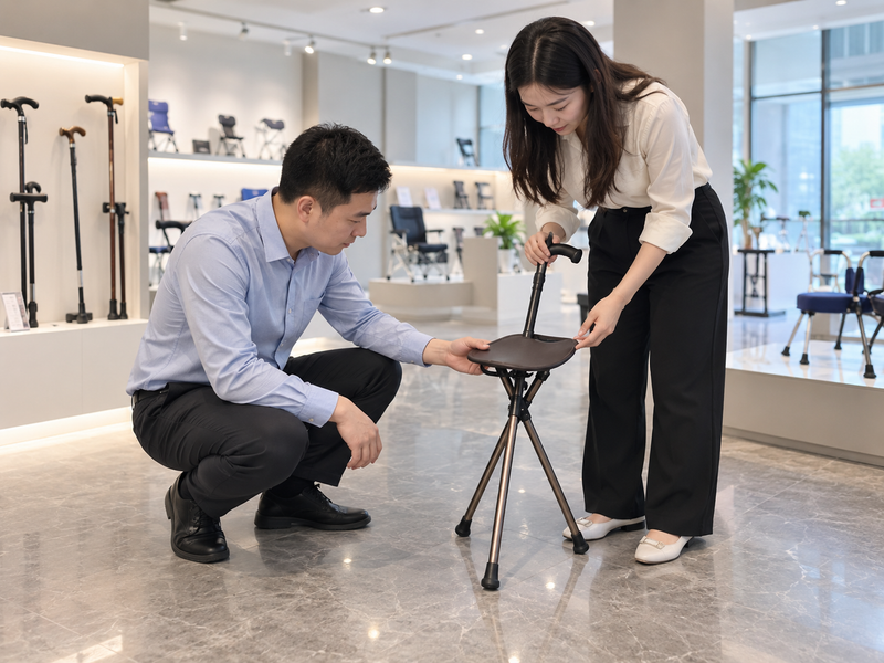 Illustrative East Asian product team reviewing the seat surface on a complete cane seat in a mainland China showroom