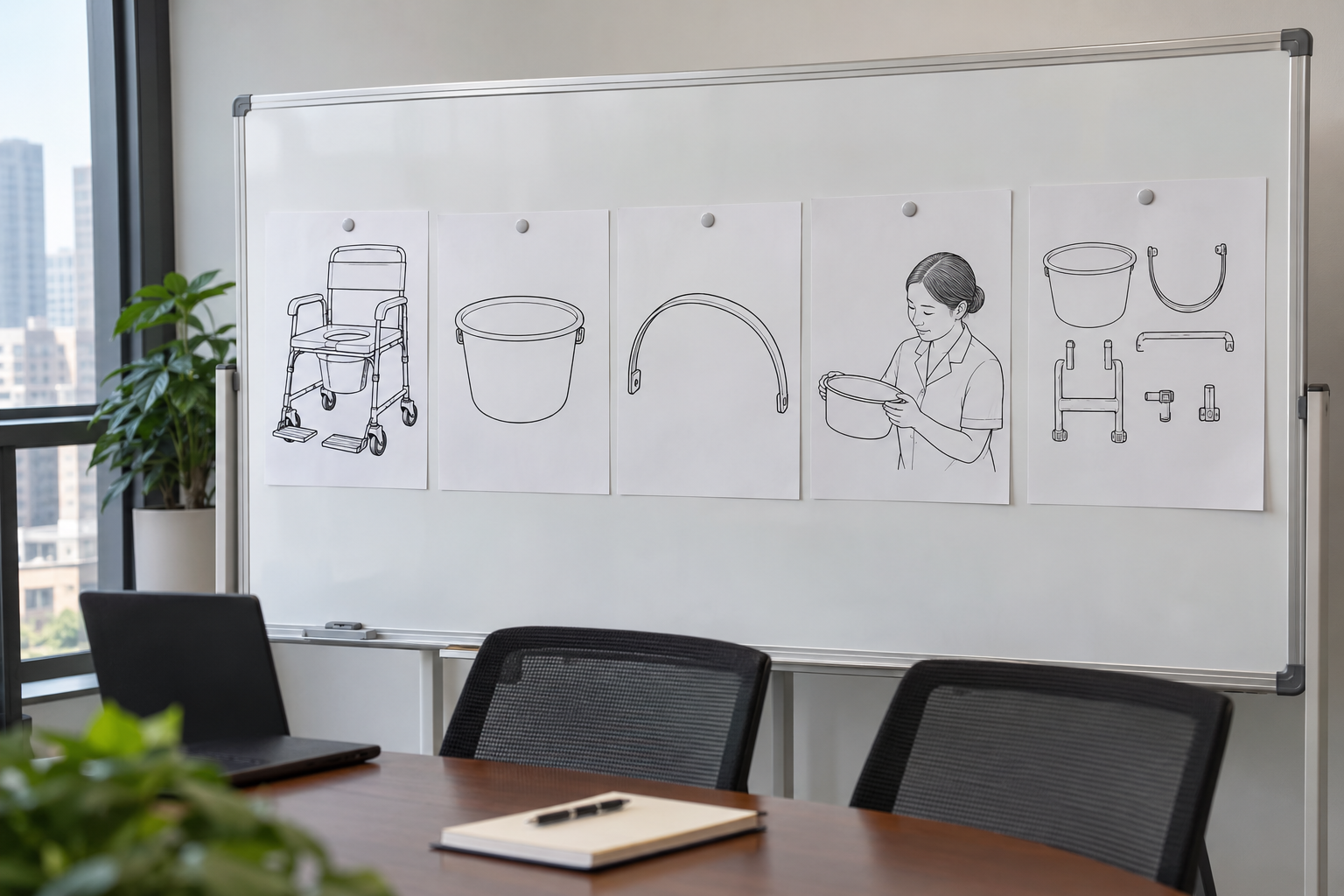 Photoreal commode chair bucket handle review chart showing product identity, component, sample, service check and blank record