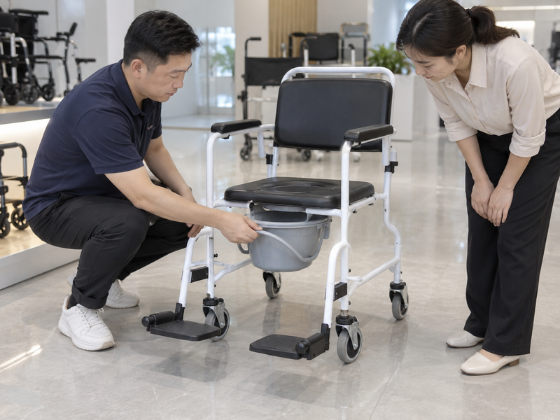 Illustrative East Asian product team reviewing the bucket handle on a complete commode chair in a mainland China showroom