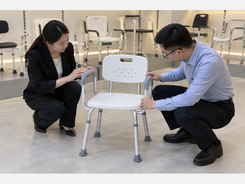 Illustrative East Asian product team reviewing the armrest pads on a complete shower chair in a mainland China showroom