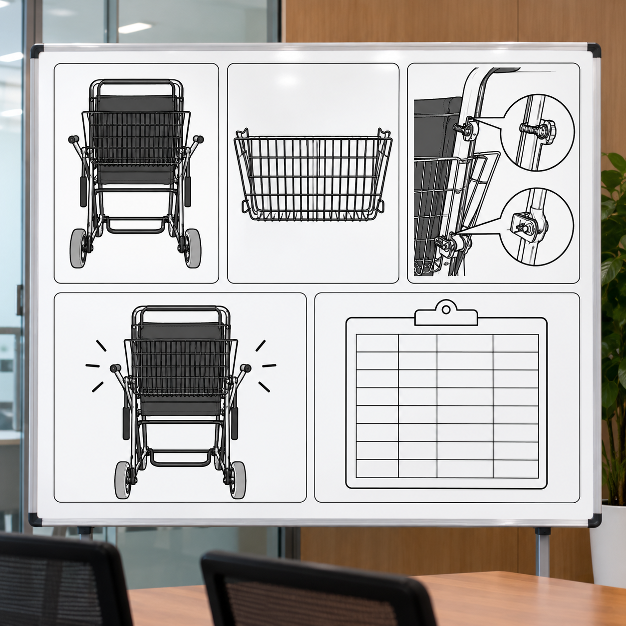 Photoreal airport wheelchair rear basket review chart showing product identity, component, sample, service check and blank record