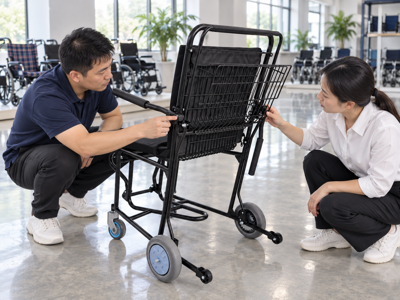 Illustrative East Asian product team reviewing the rear basket on a complete airport wheelchair in a mainland China showroom