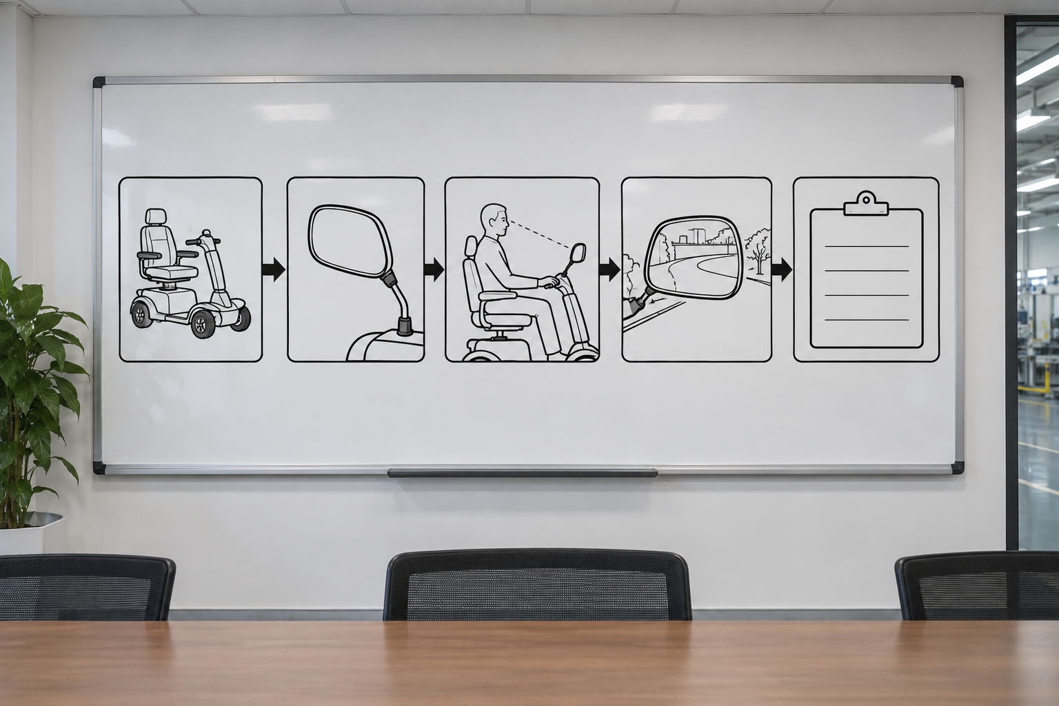 Photoreal mobility scooter rearview mirror procurement chart covering identity, measurement, inspection, service and record