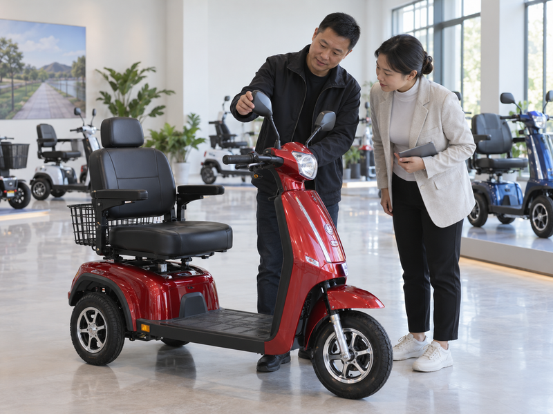 Illustrative East Asian product team reviewing the rearview mirror on a complete mobility scooter in mainland China