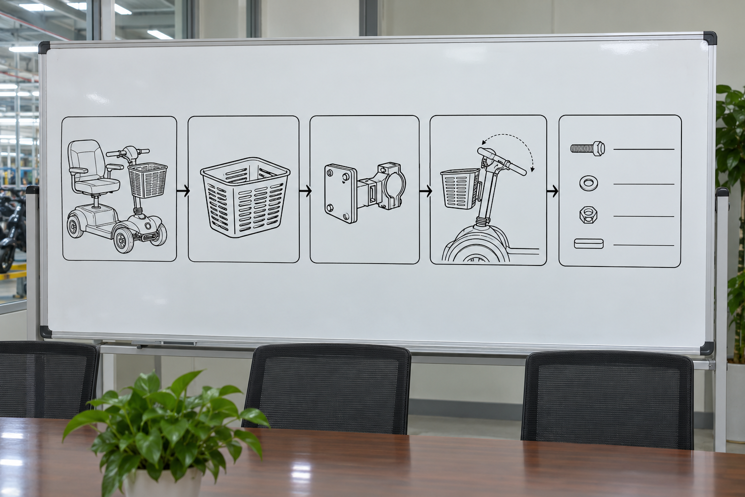 Photoreal mobility scooter basket mount procurement chart covering identity, measurement, inspection, service and record