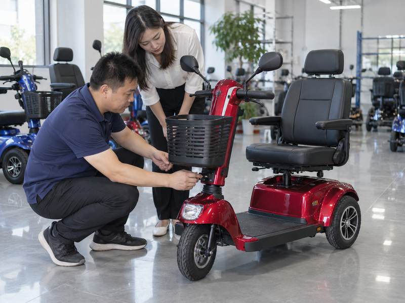Illustrative East Asian product team reviewing the basket mount on a complete mobility scooter in mainland China