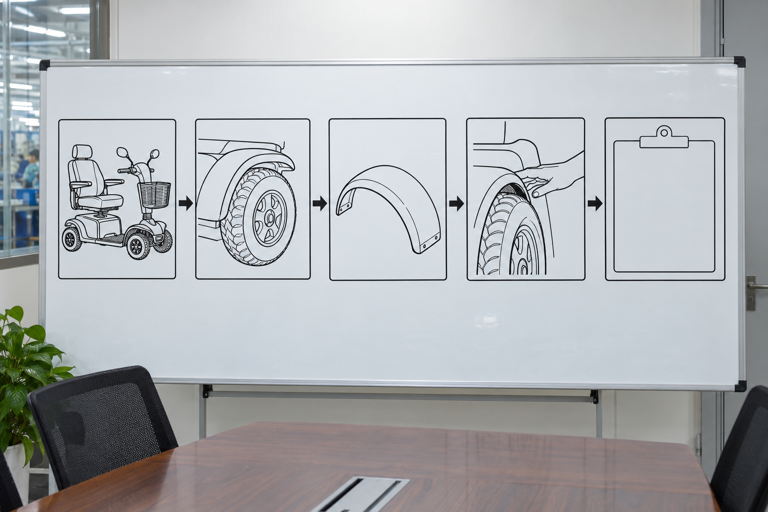 Photoreal mobility scooter rear fender procurement chart covering identity, measurement, inspection, service and record