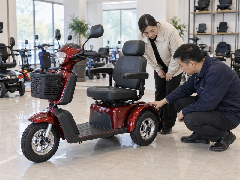 Illustrative East Asian product team reviewing the rear fender on a complete mobility scooter in mainland China