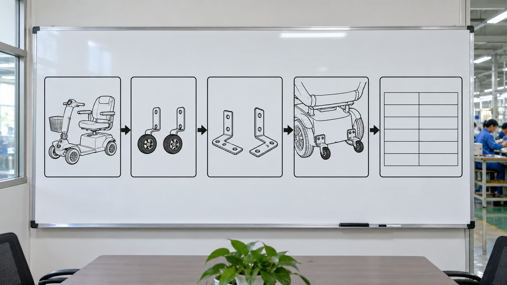 Photoreal mobility scooter anti-tip wheels procurement chart covering identity, measurement, inspection, service and record