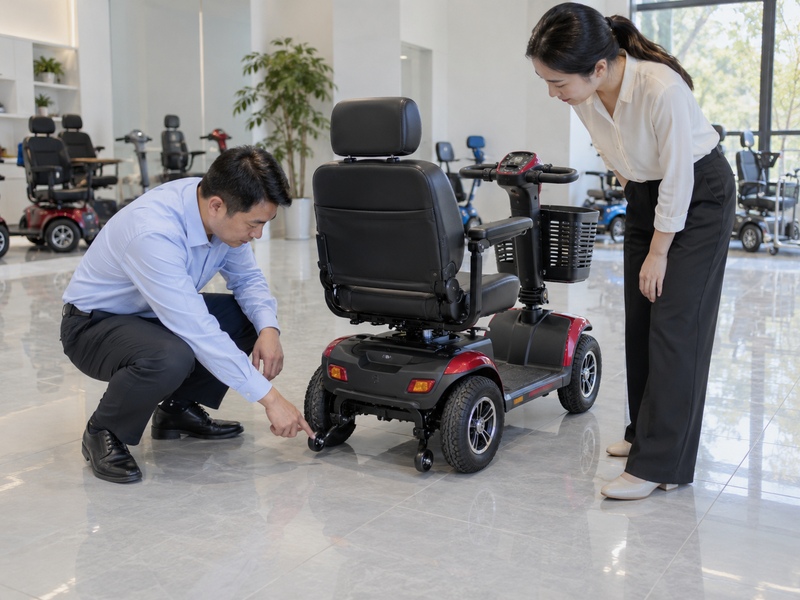 Illustrative East Asian product team reviewing the anti-tip wheels on a complete mobility scooter in mainland China