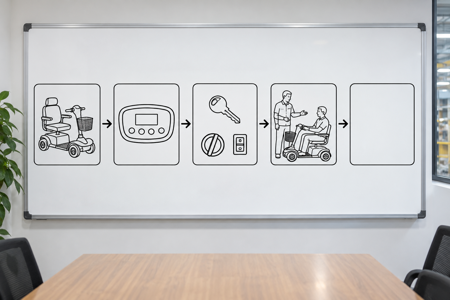 Photoreal mobility scooter control display procurement chart covering identity, measurement, inspection, service and record