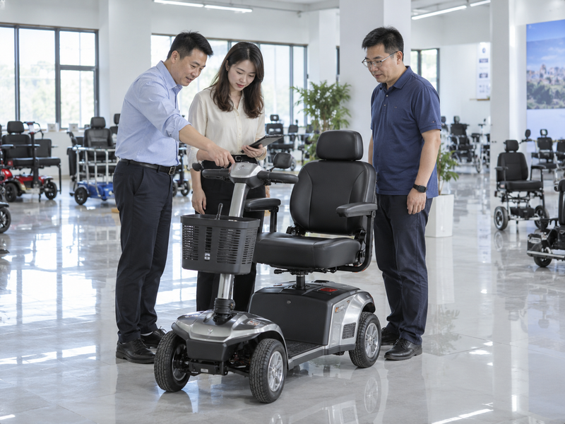 Illustrative East Asian product team reviewing the control display on a complete mobility scooter in mainland China
