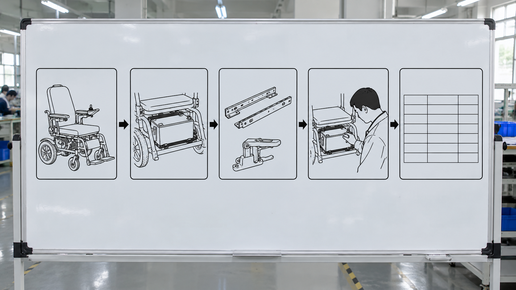 Photoreal electric wheelchair battery tray procurement chart covering identity, measurement, inspection, service and record