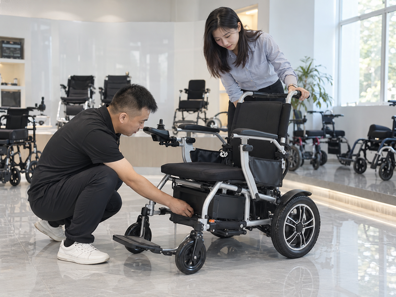Illustrative East Asian product team reviewing the battery tray on a complete electric wheelchair in mainland China