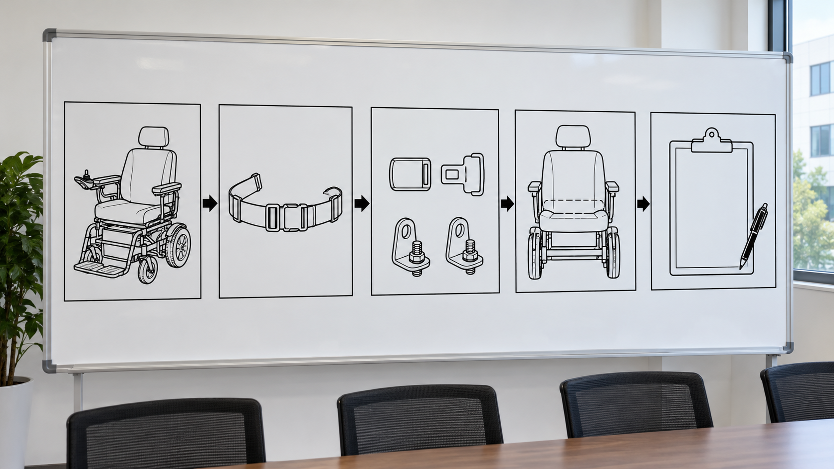 Photoreal electric wheelchair seat belt procurement chart covering identity, measurement, inspection, service and record