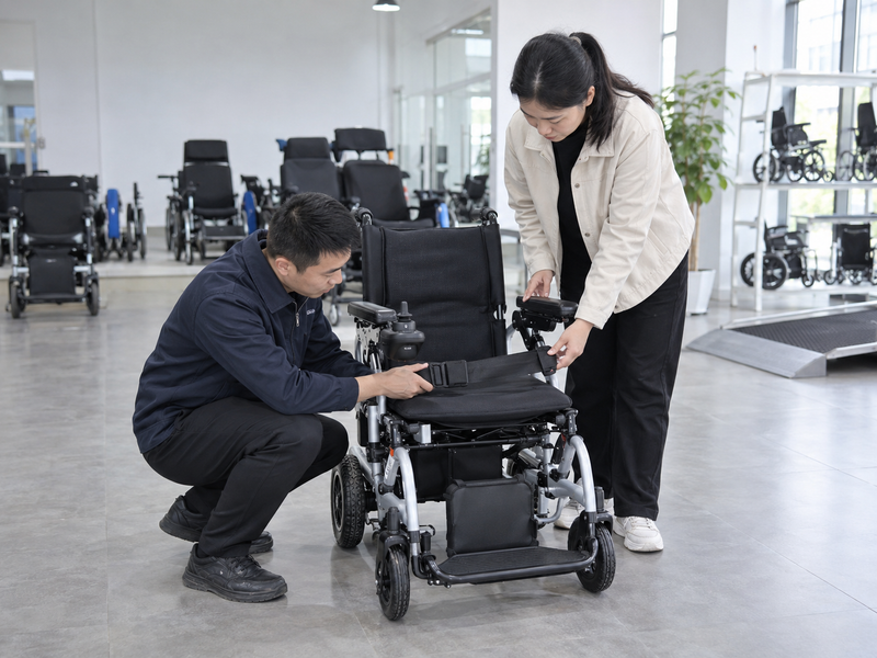 Illustrative East Asian product team reviewing the seat belt on a complete electric wheelchair in mainland China