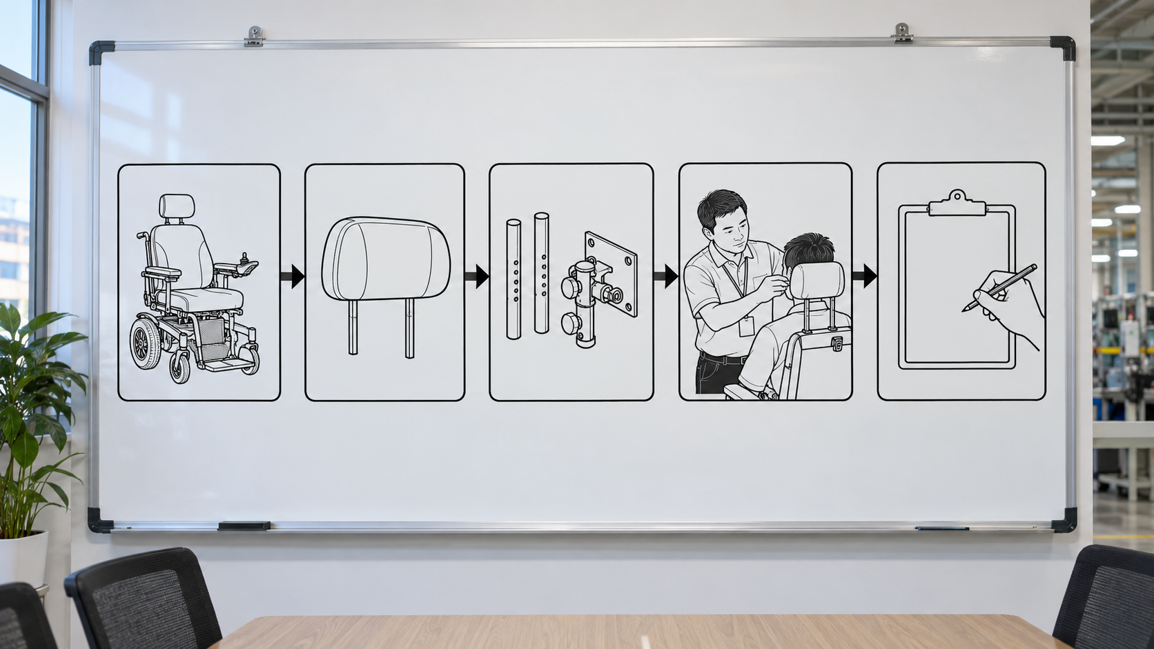Photoreal electric wheelchair headrest mount procurement chart covering identity, measurement, inspection, service and record