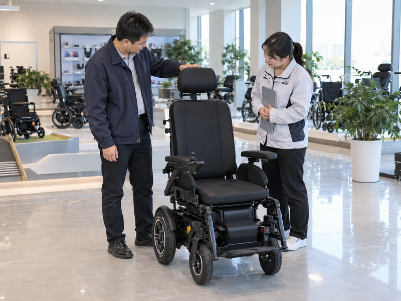 Illustrative East Asian product team reviewing the headrest mount on a complete electric wheelchair in mainland China