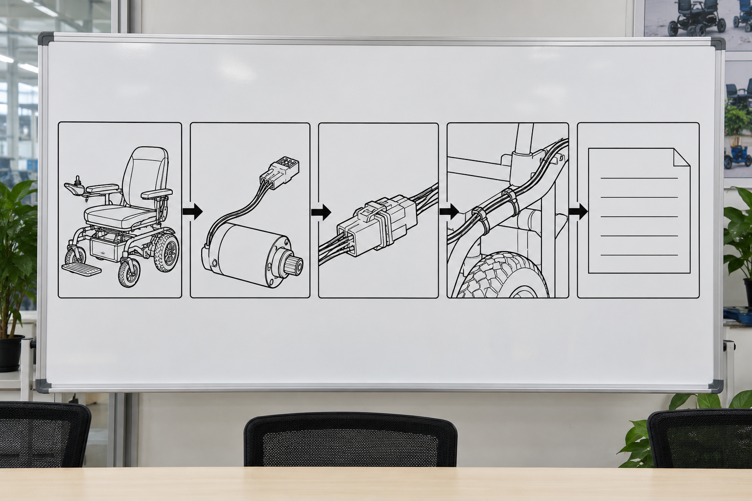 Photoreal power chair motor connector procurement chart covering identity, measurement, inspection, service and record
