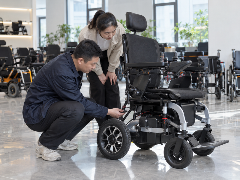 Illustrative East Asian product team reviewing the motor connector on a complete power chair in mainland China