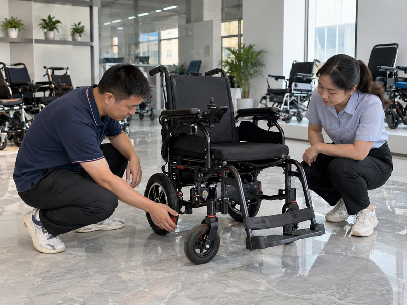 Illustrative East Asian product team reviewing the front caster on a complete electric wheelchair in mainland China
