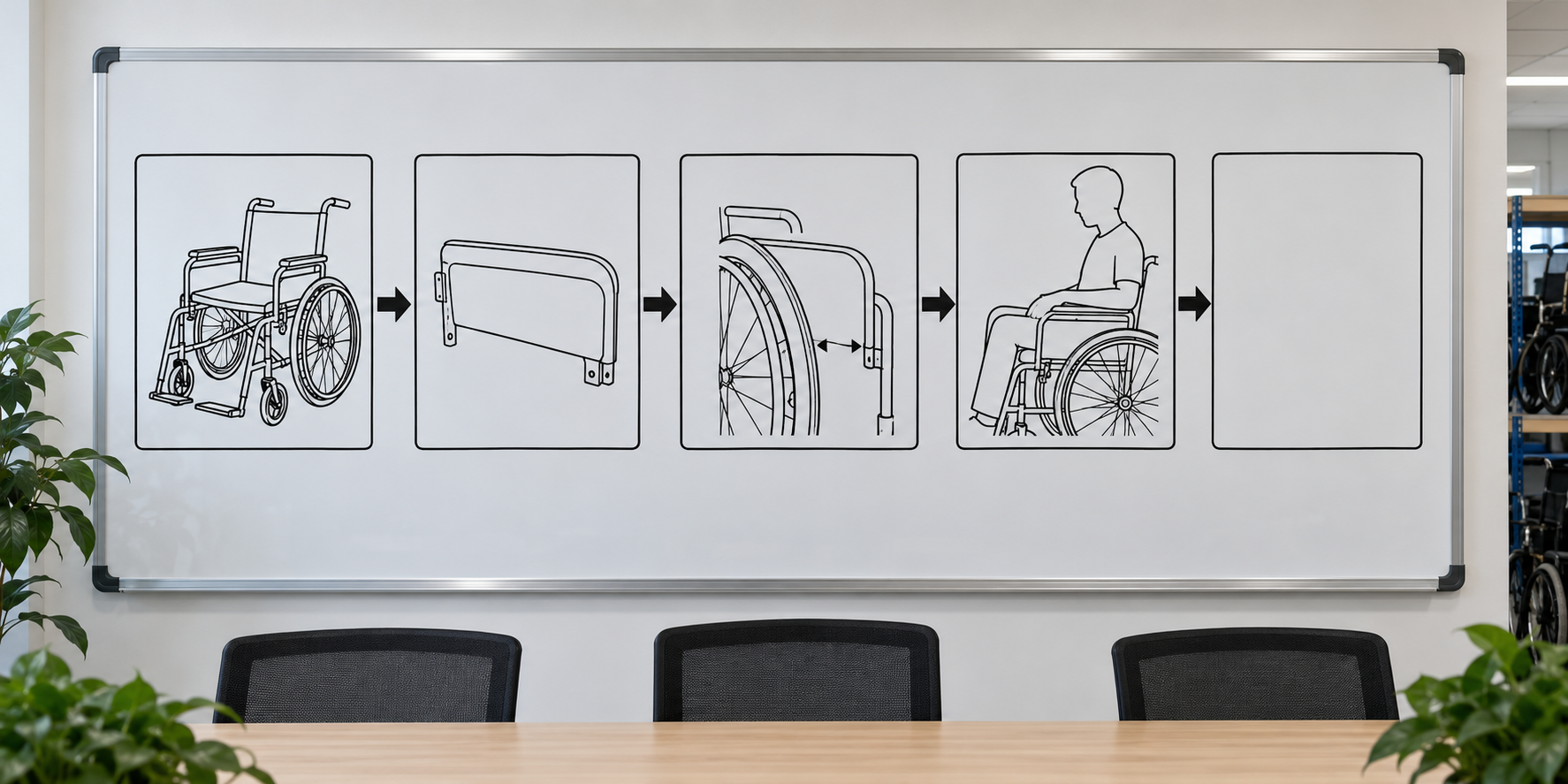 Photoreal manual wheelchair side guard procurement chart covering identity, measurement, inspection, service and record