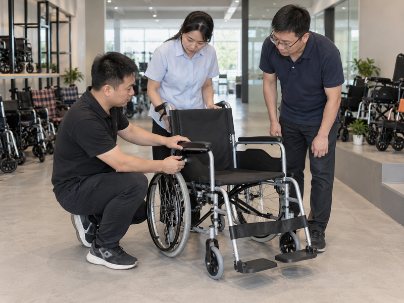 Illustrative East Asian product team reviewing the side guard on a complete manual wheelchair in mainland China